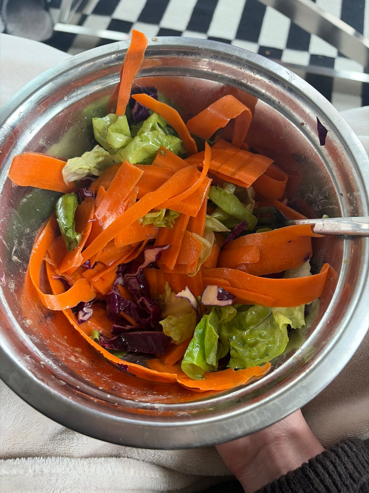 Mixed vegetable salad photographed in silver bowl in Montreal