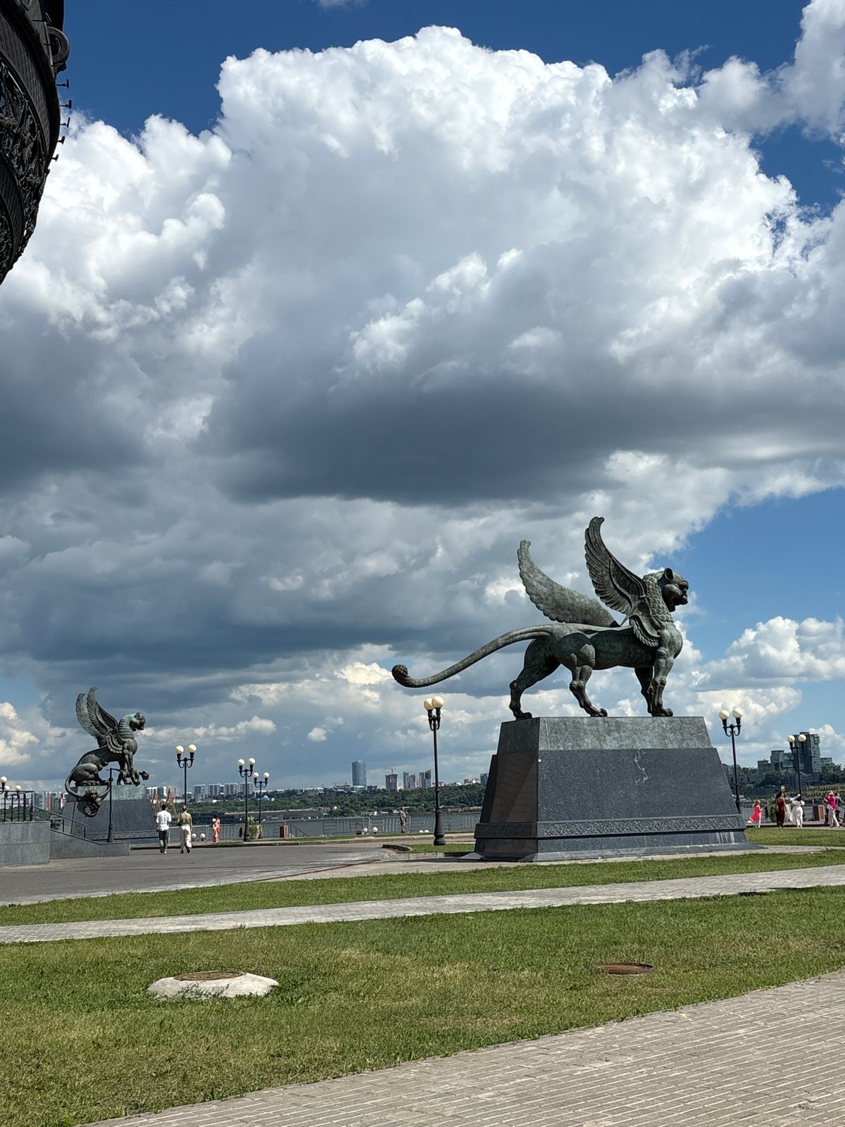 Bronze griffin sculptures at an outdoor site in Kazan