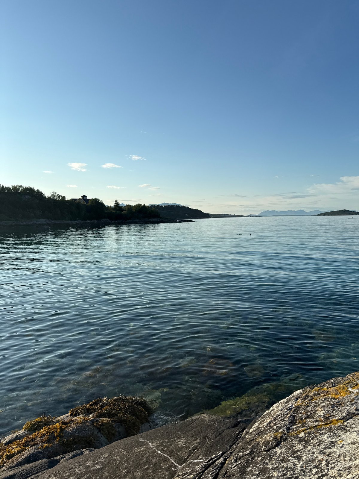 Rugged Harstad coastline at the water's edge, dusk settling in