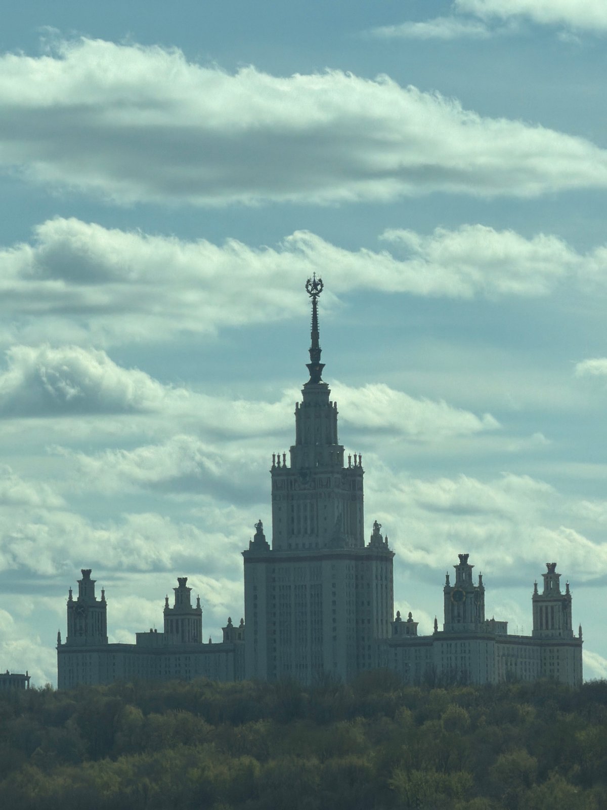 Moscow State University building observed under cloudy skies
