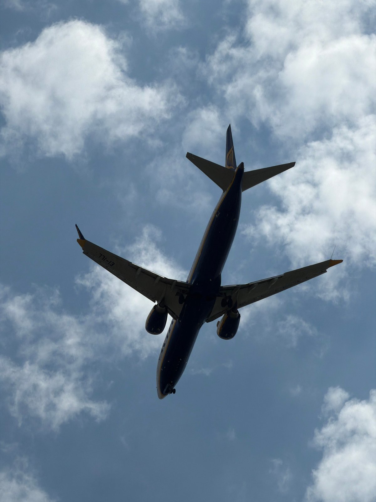 Ryanair flight passing over Burgas, viewed from below
