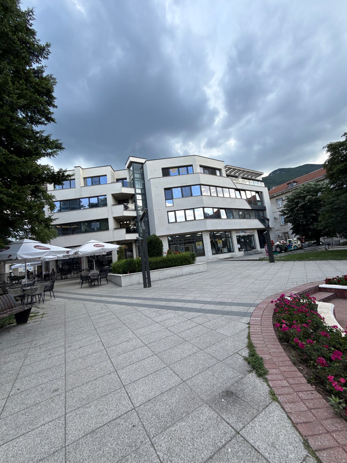 Downtown Vratsa commercial district documented during cloudy midday