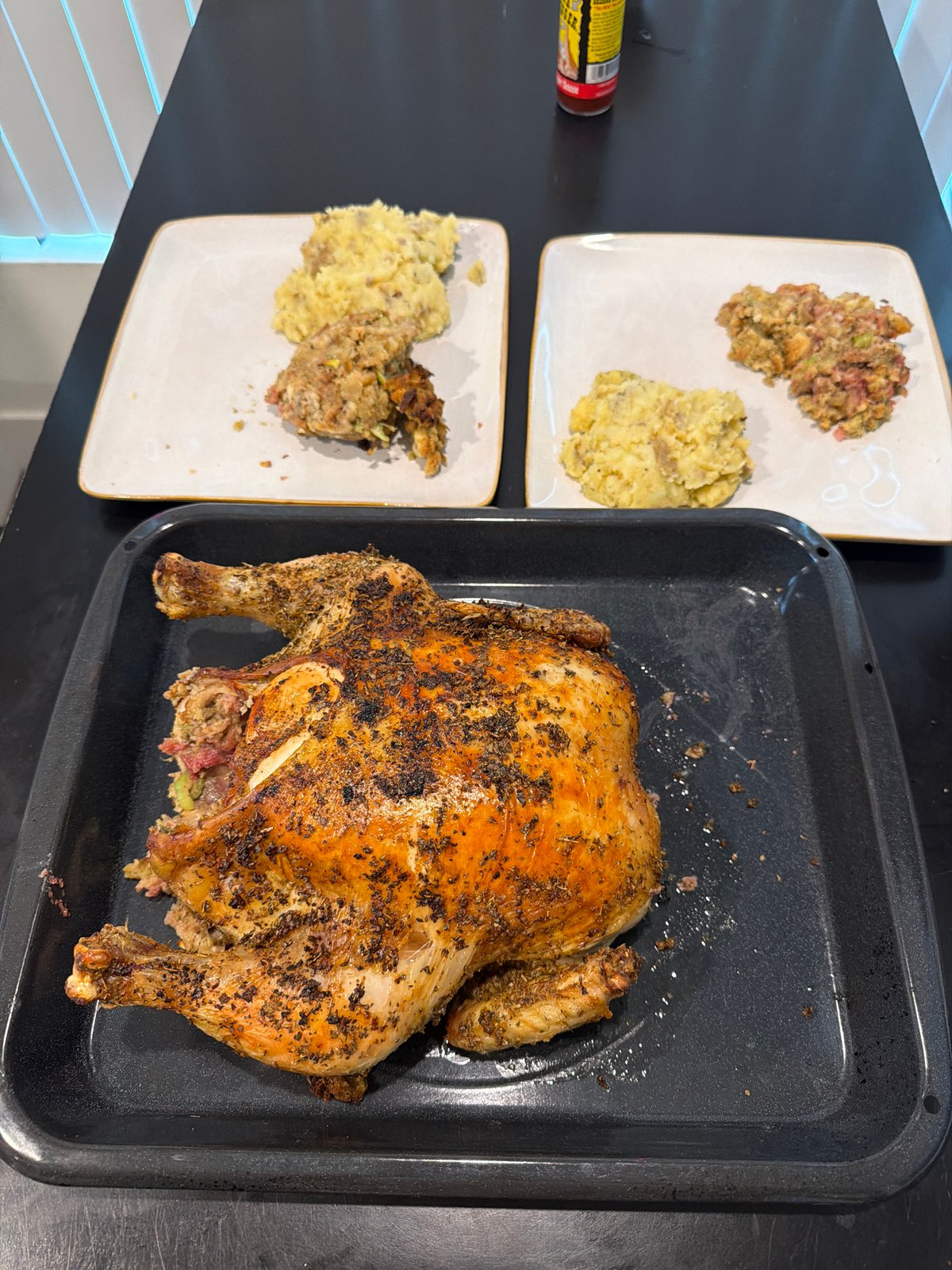 Home-cooked roasted chicken dinner documented in Los Angeles kitchen