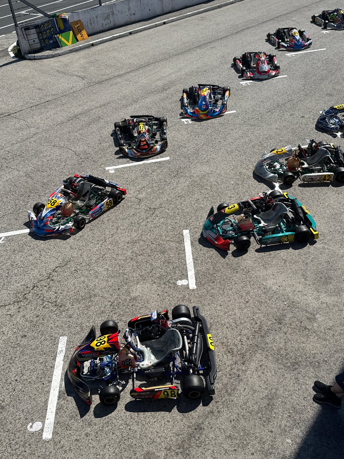 Go-kart lineup and drivers ready at a Ryazan track