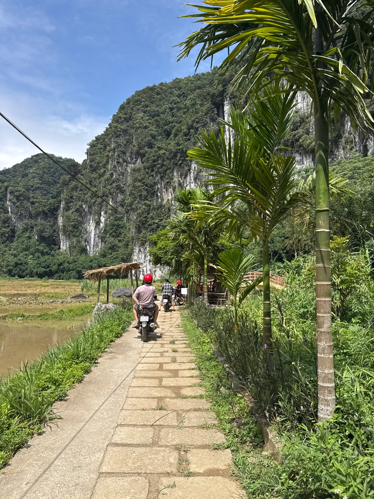 Tourists photograph scenic limestone landscape in Pù Luông Commune