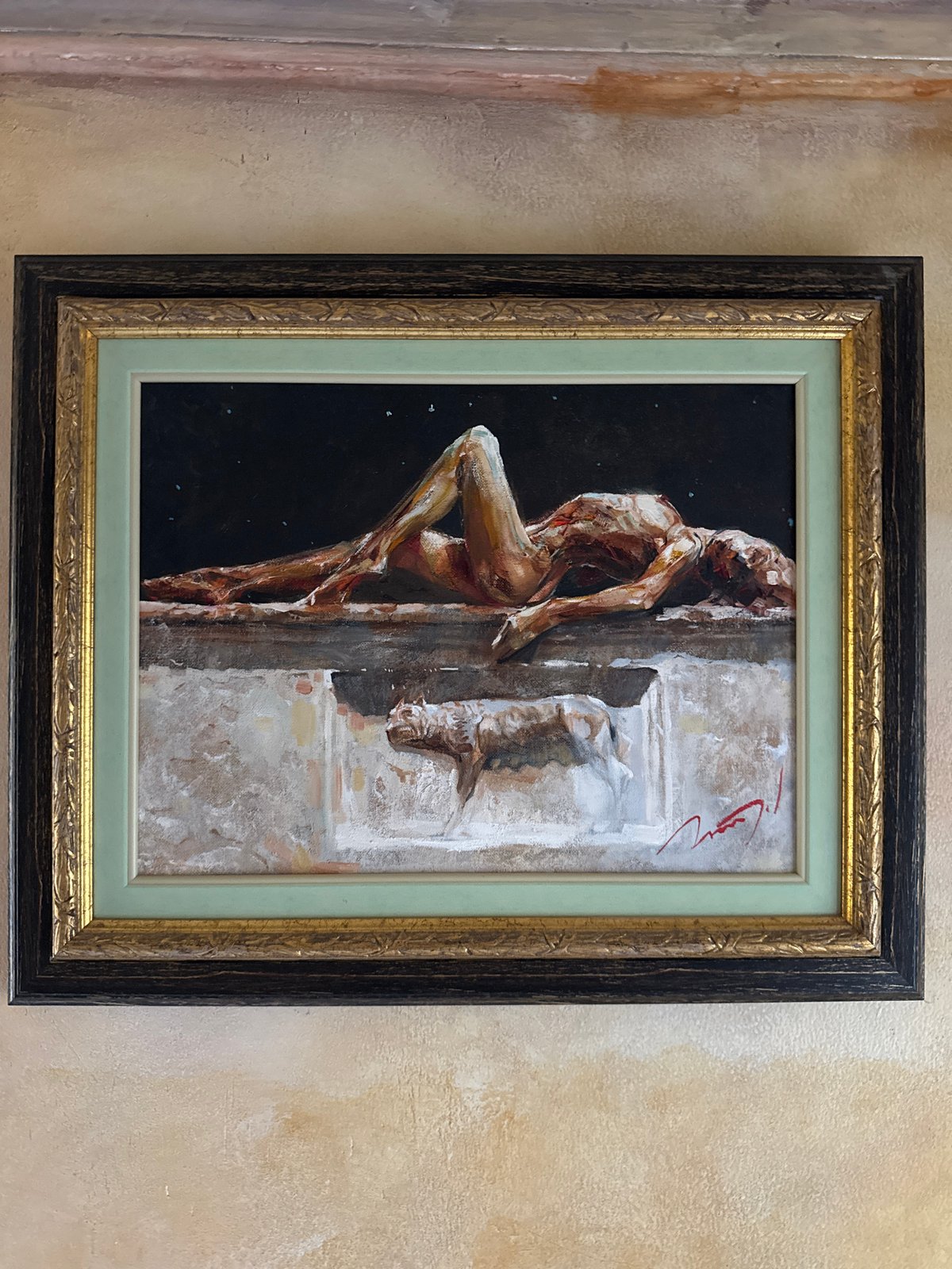 Framed painting of emaciated figure observed in Bulgarian location