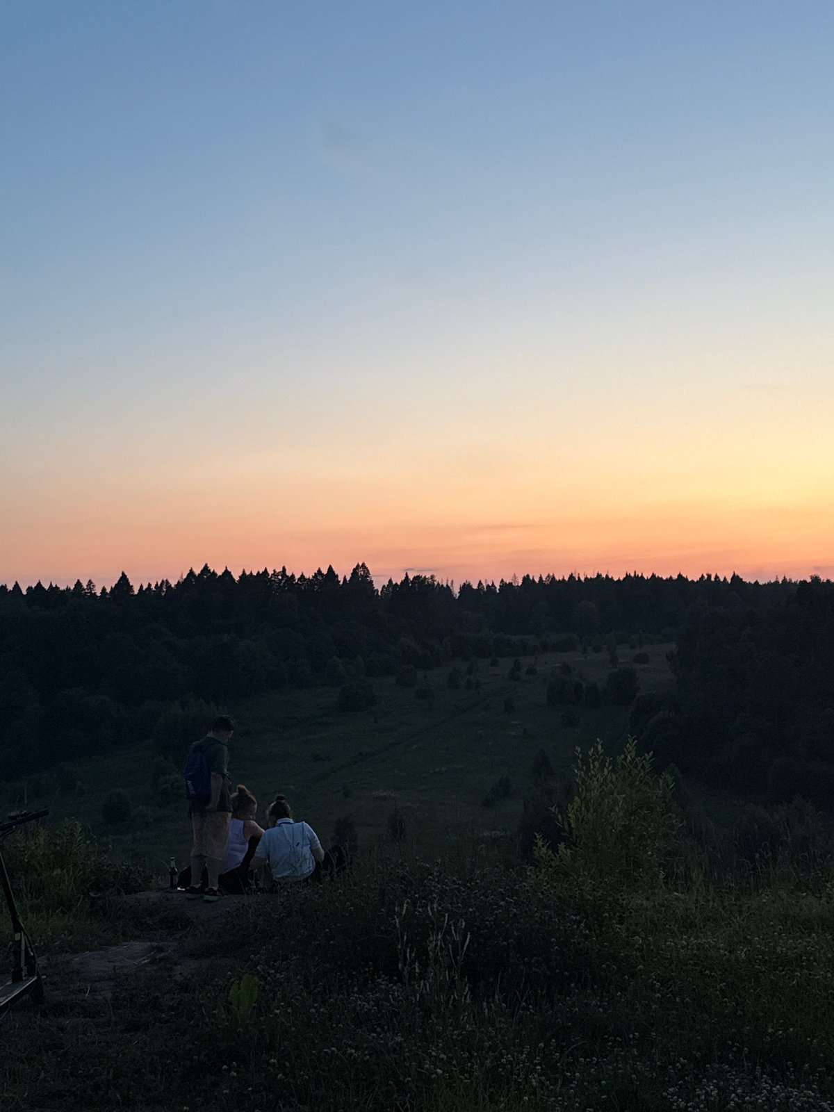 Group hangs out on a Moscow hillside at dusk