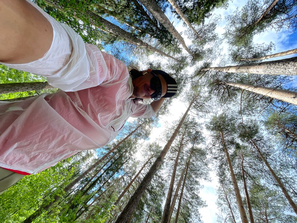 Runner documented during forest trail run and coffee preparation