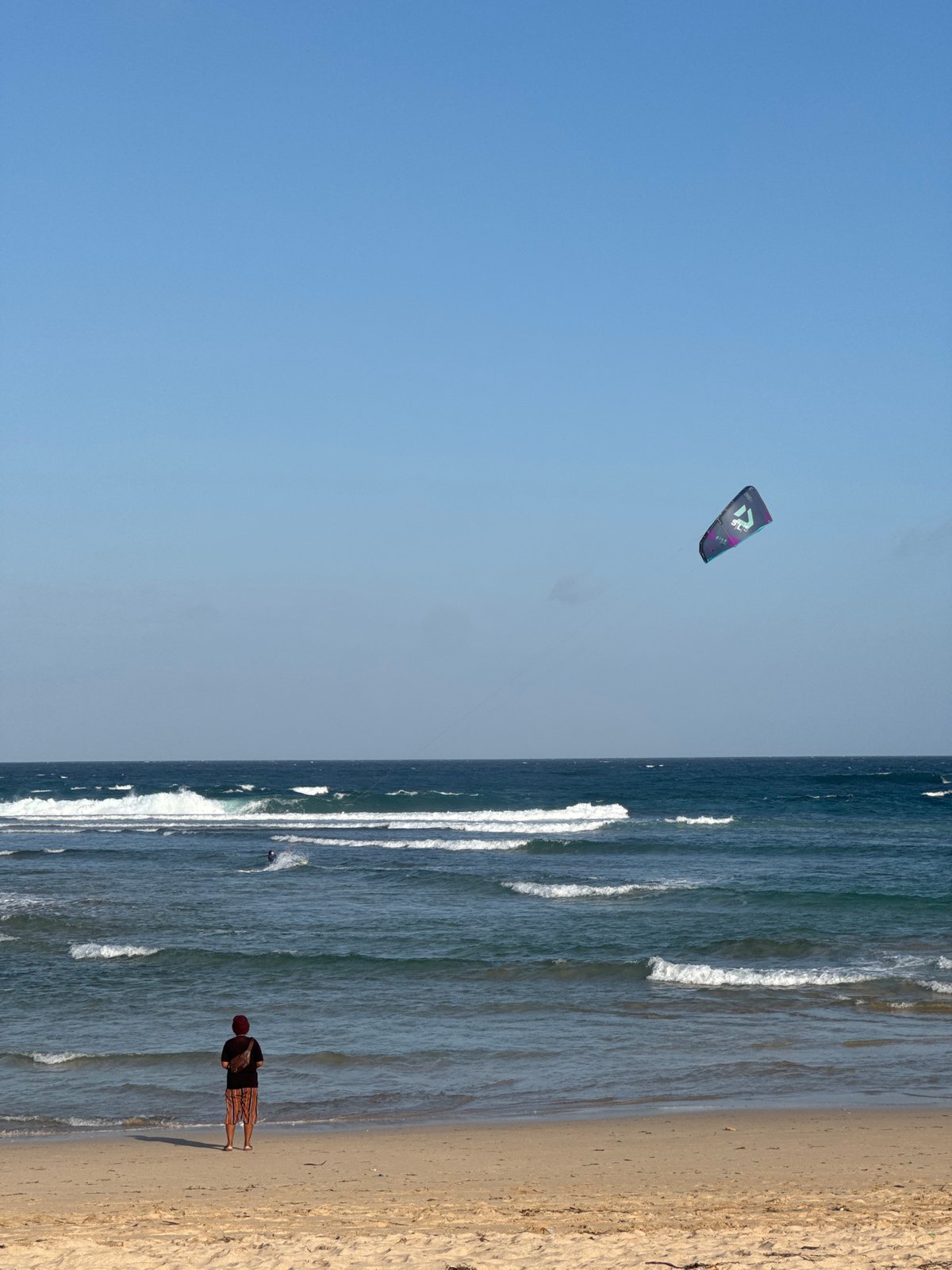 A Kuta Selatan beach morning: kite surfers, strollers, and shoreline scenes