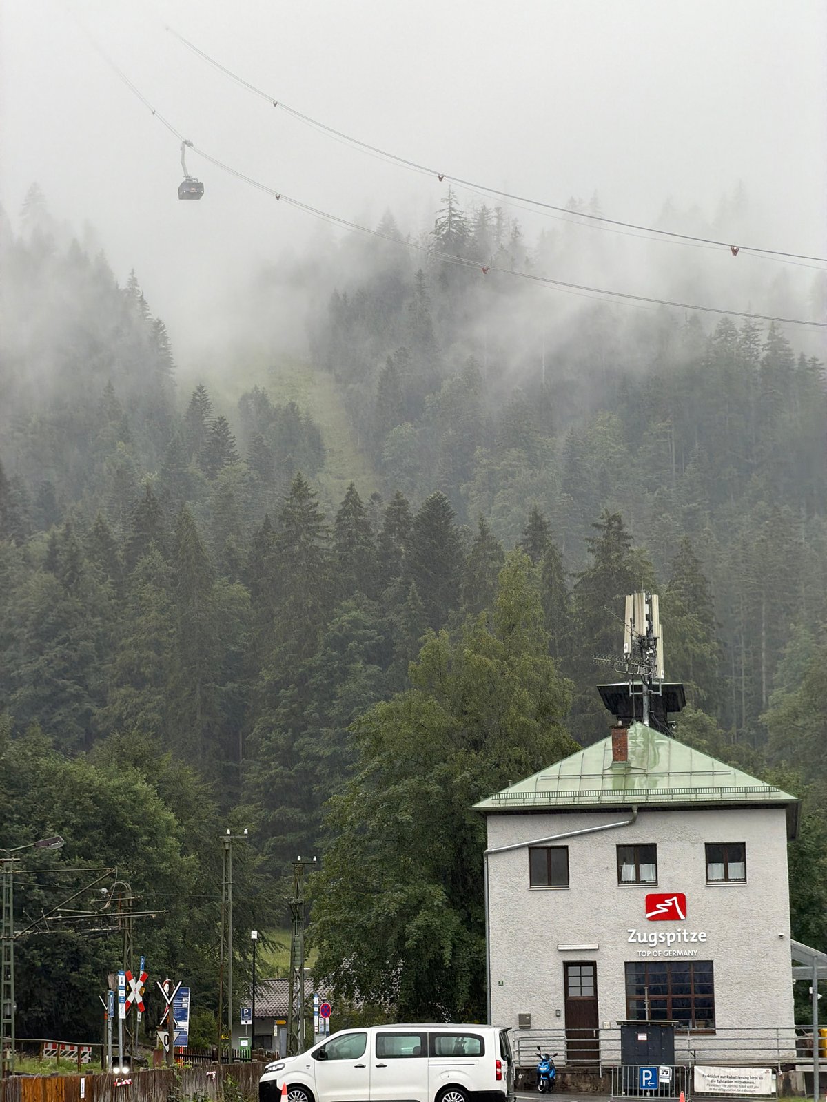 Foggy morning at the Zugspitze cable car base, Grainau
