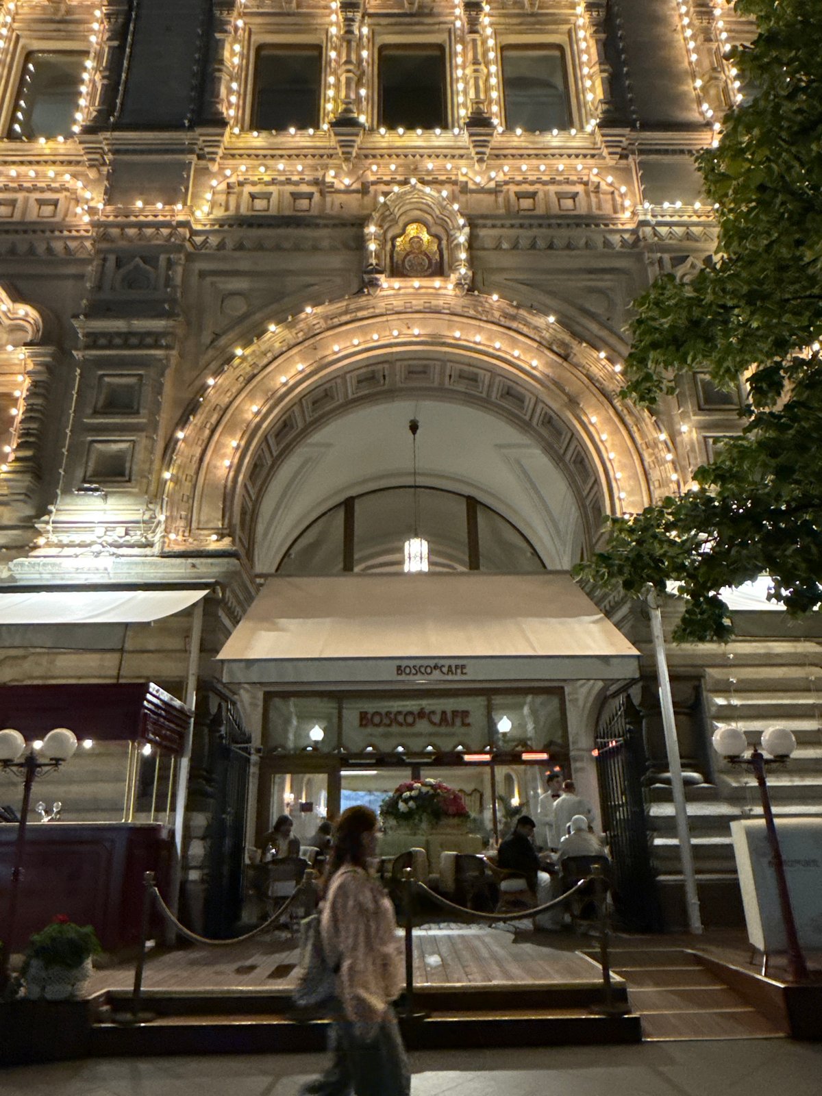 Evening stroll through illuminated Red Square area captured