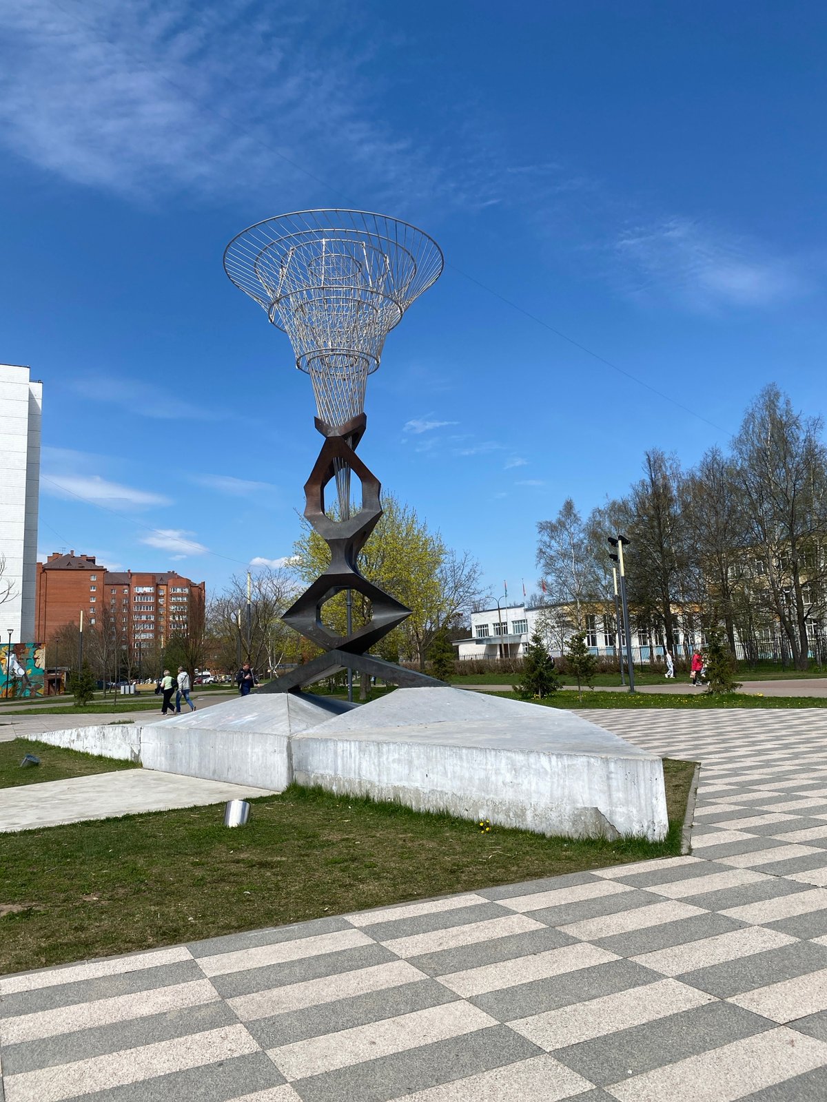 Modern wire mesh sculpture observed in public space