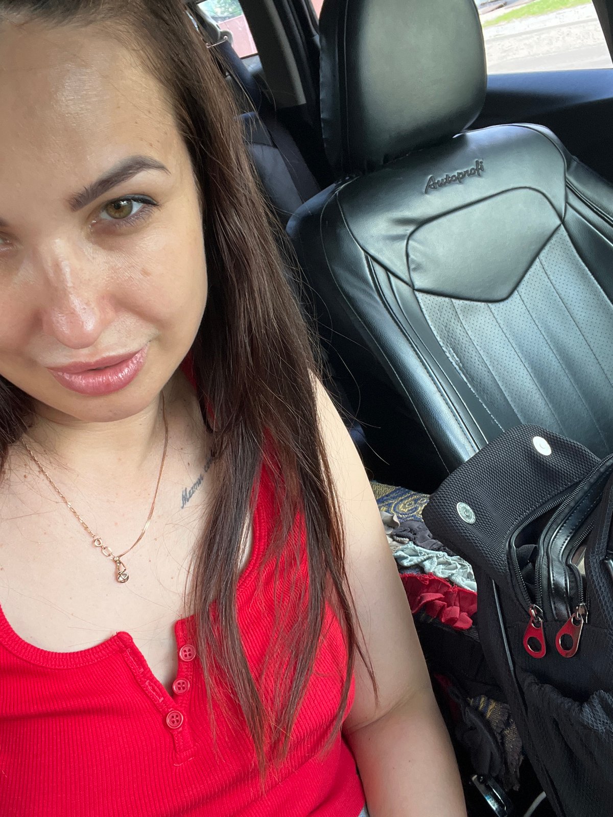 Car selfie session, red top and sunglasses, multiple angles
