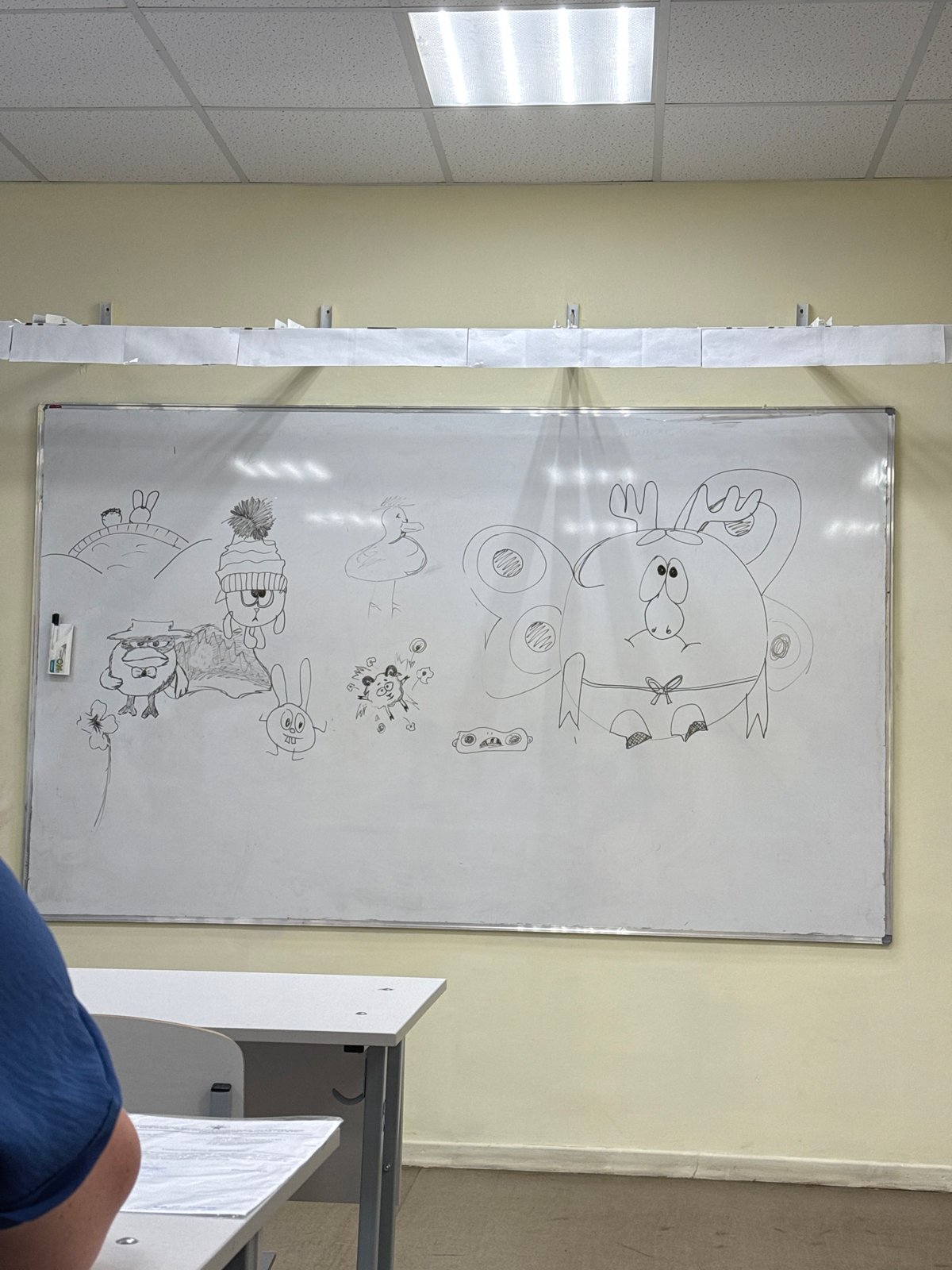 Whiteboard with drawings observed in Zav'yalovo classroom setting