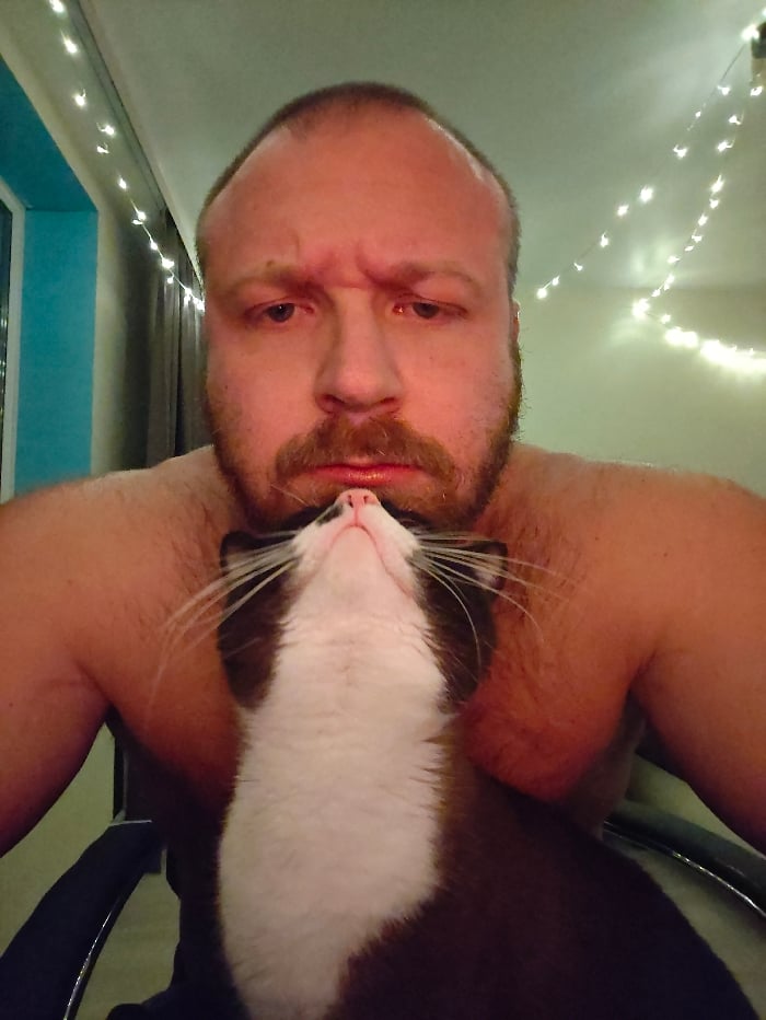 Russian man shares evening moments with cats in Noviy