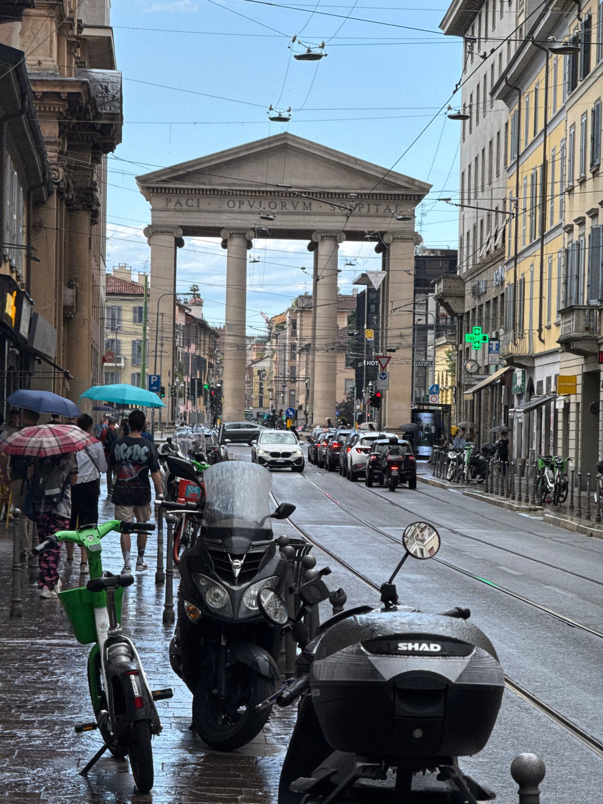 Rainy afternoon street life documented in central Milan