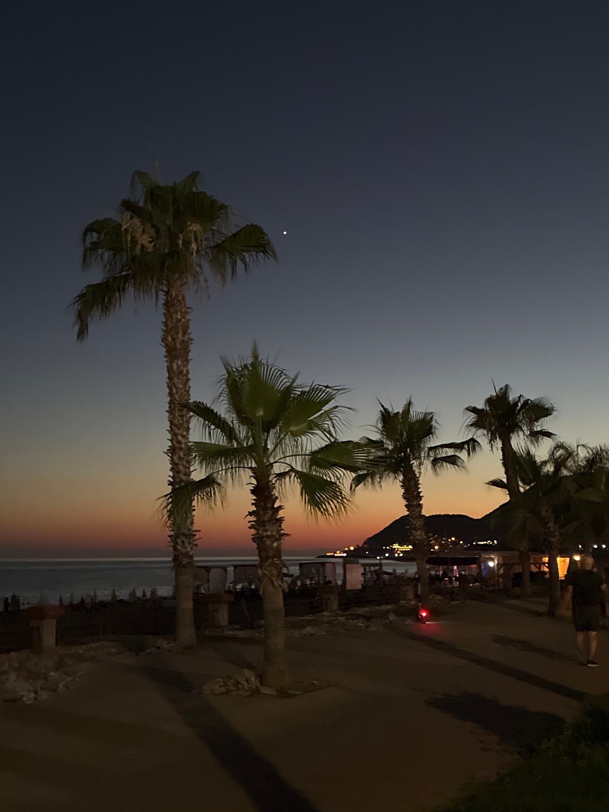 Sunset to night along the palm-lined coast of Alanya