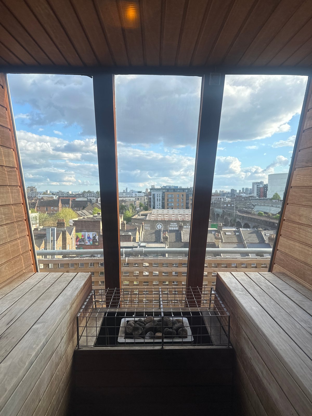Sauna interior view captured in London on sunny afternoon