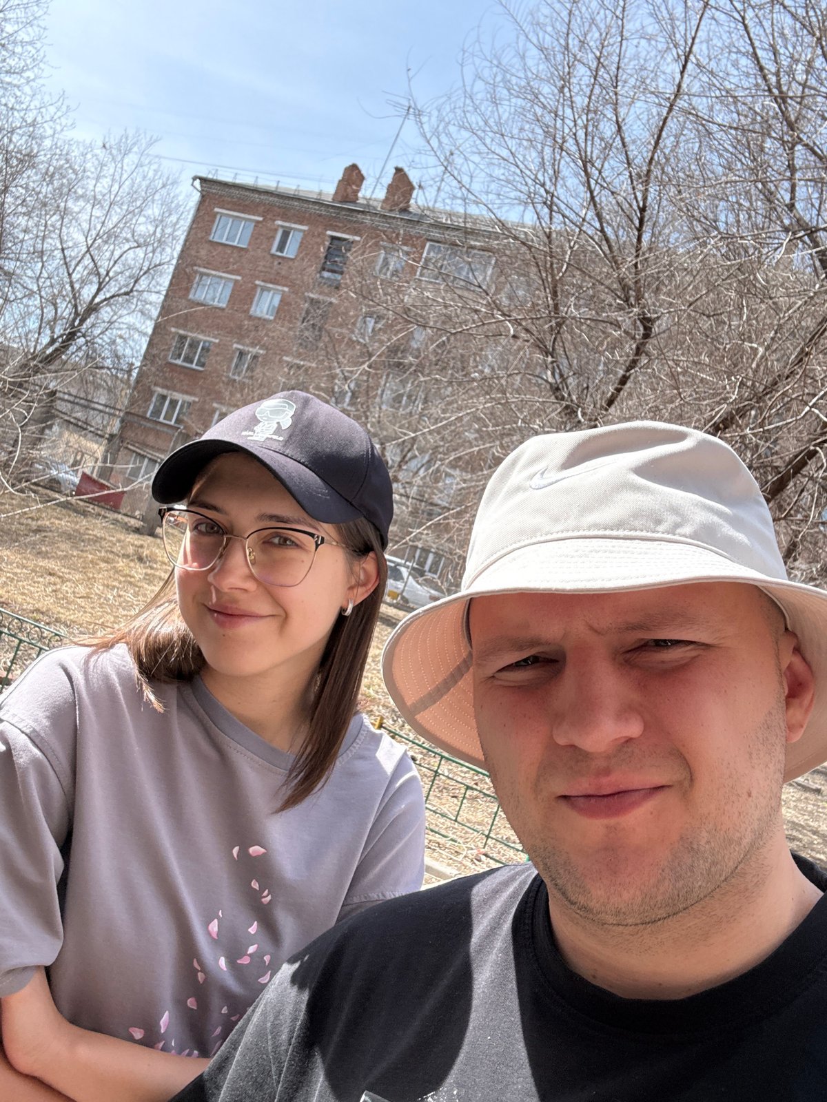Morning selfie session near Krasnoyarsk apartment complex playground