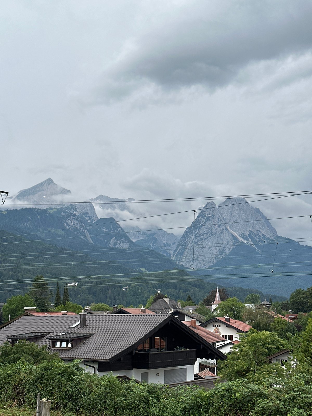 Garmisch-Partenkirchen village and Alps under overcast skies