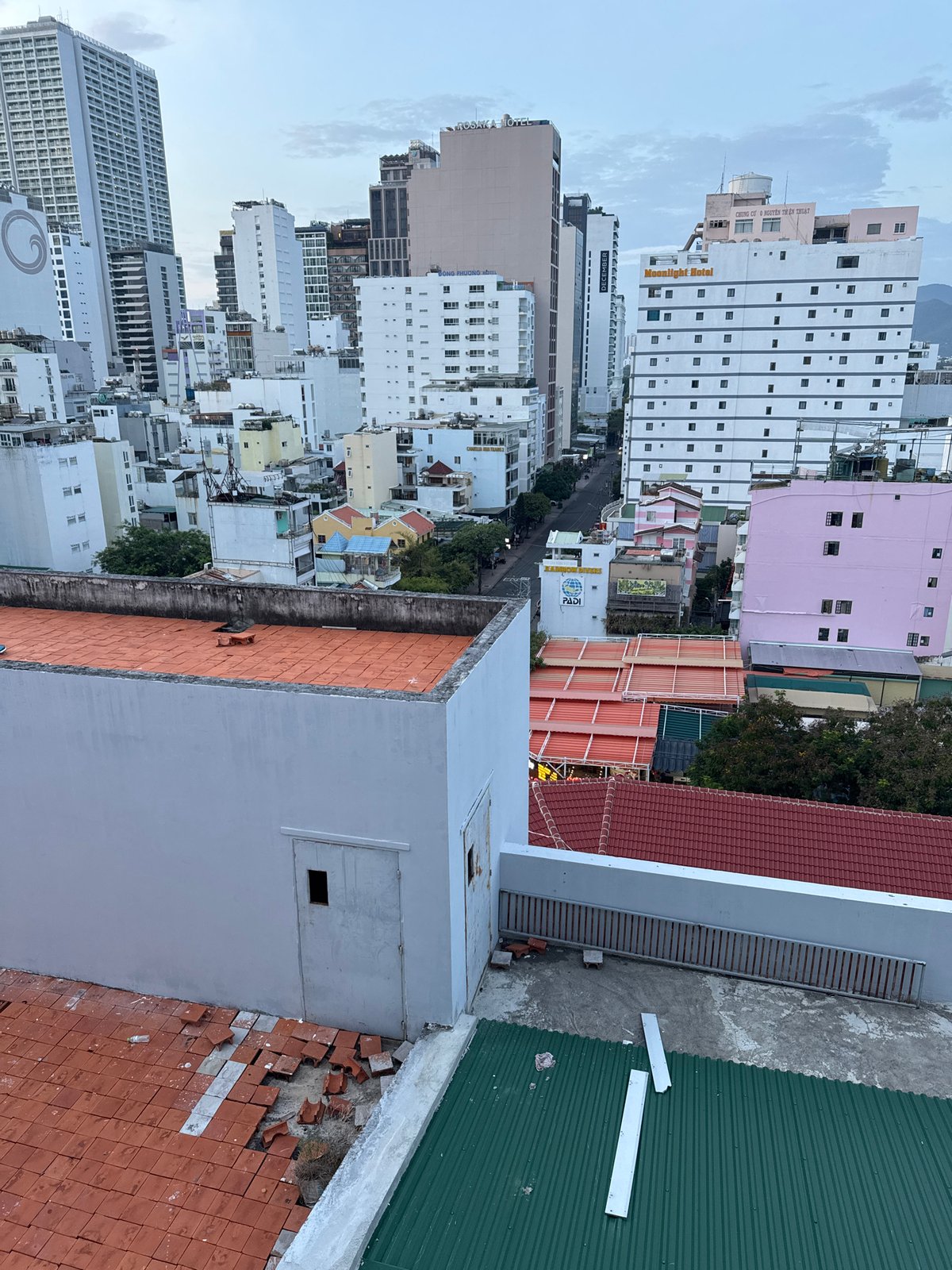 Rooftop views across Nha Trang's dense urban skyline at dusk