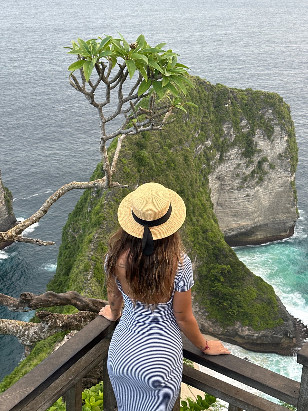 Tourist and monkey share clifftop moment at Kelingking Beach