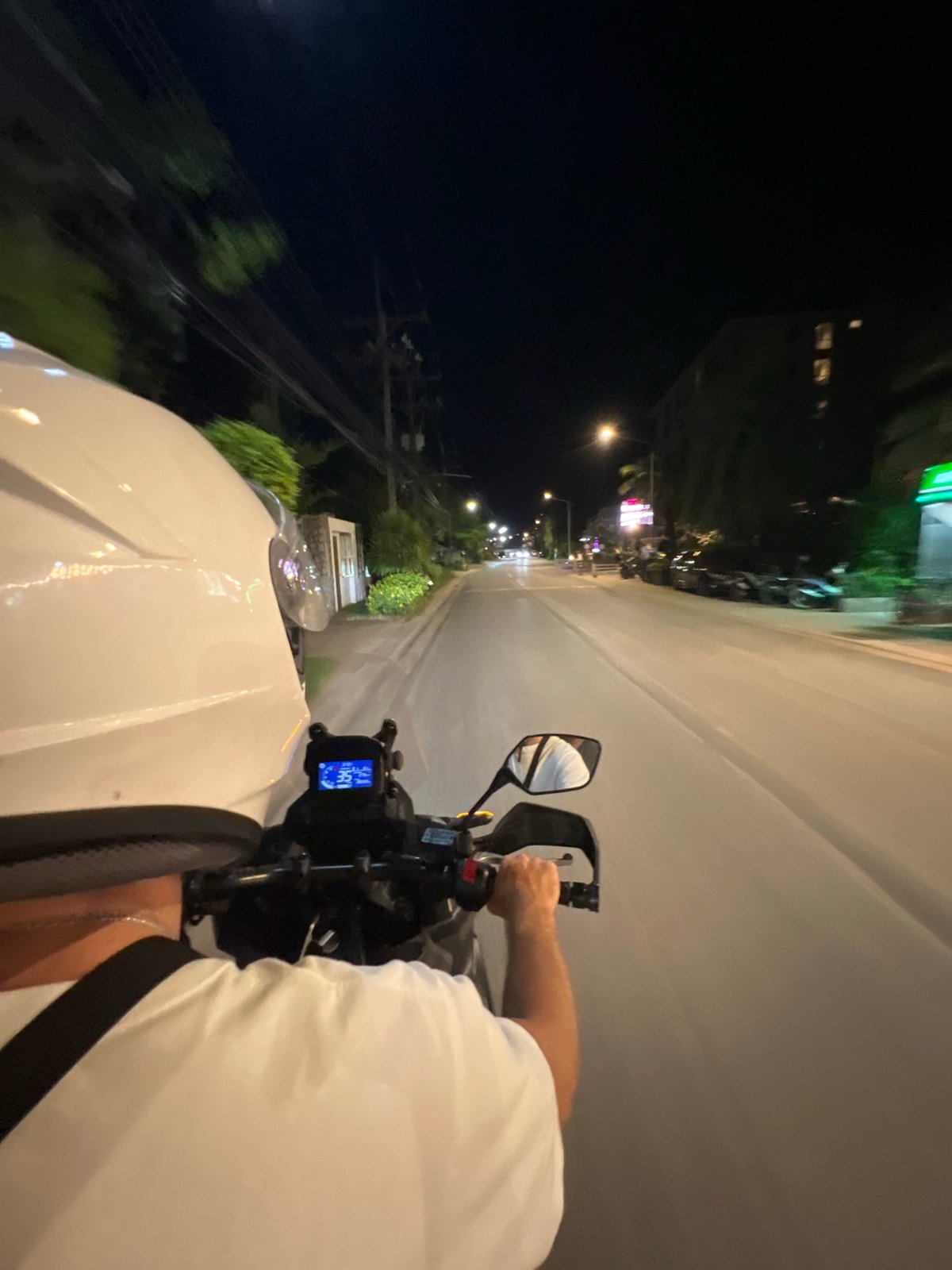 Motorcyclist documents nighttime ride and meal preparation activities
