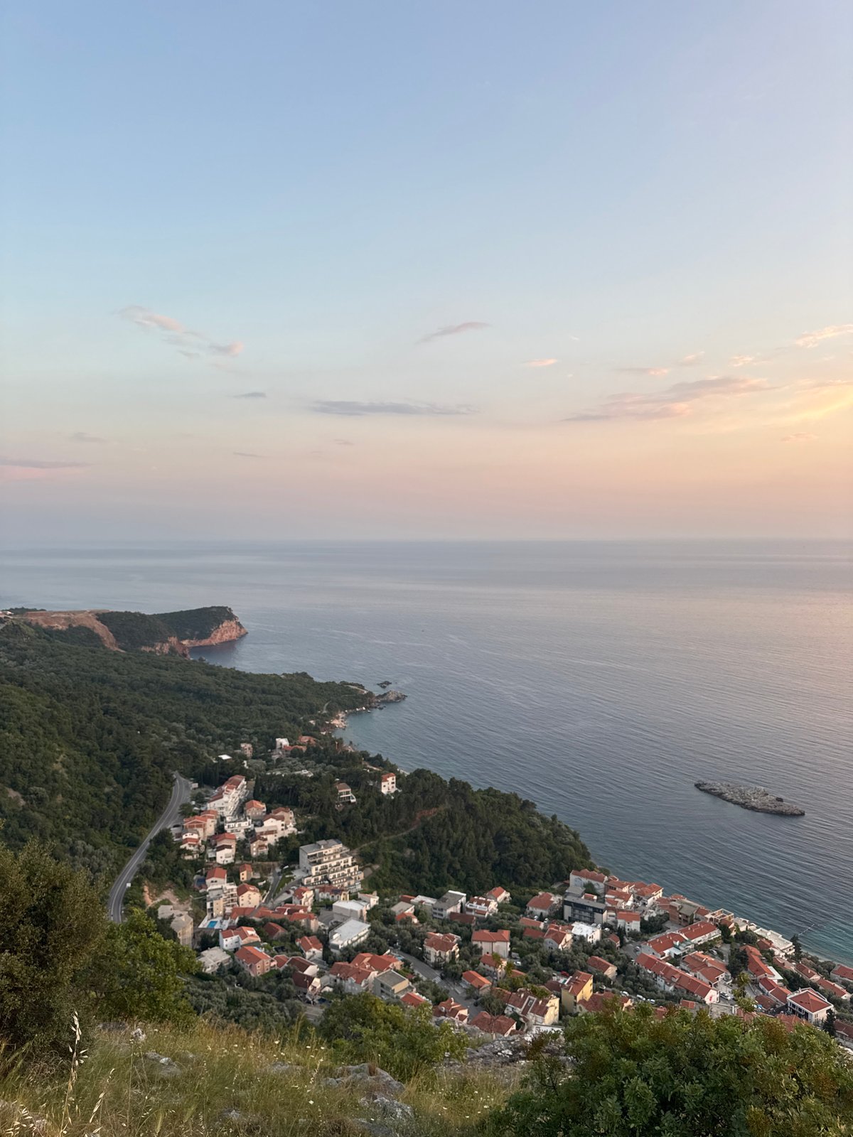 Sunset documented at Montenegro's Sveti Stefan coastal resort