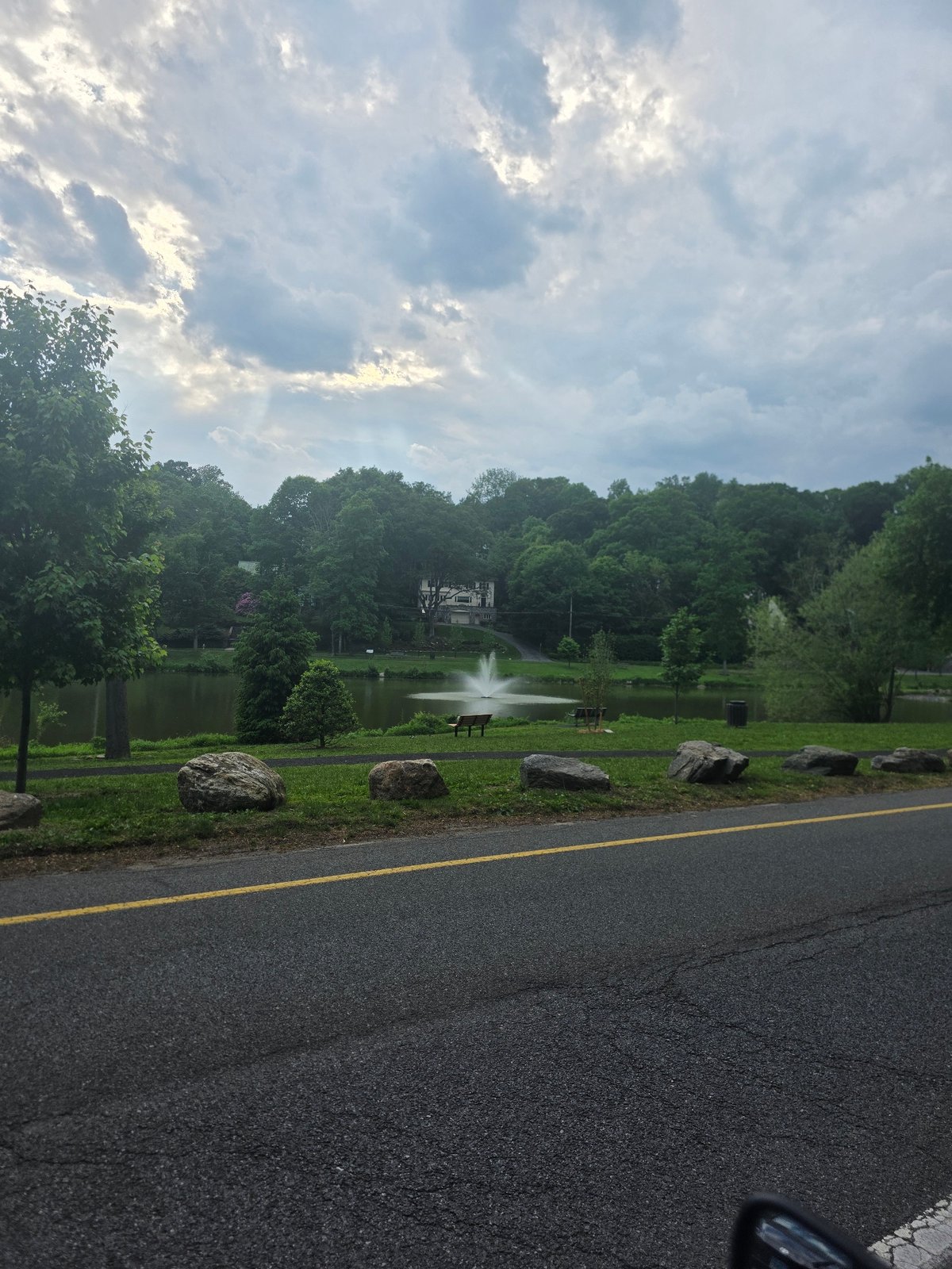 Evening documentation of New Rochelle park fountain and residential area