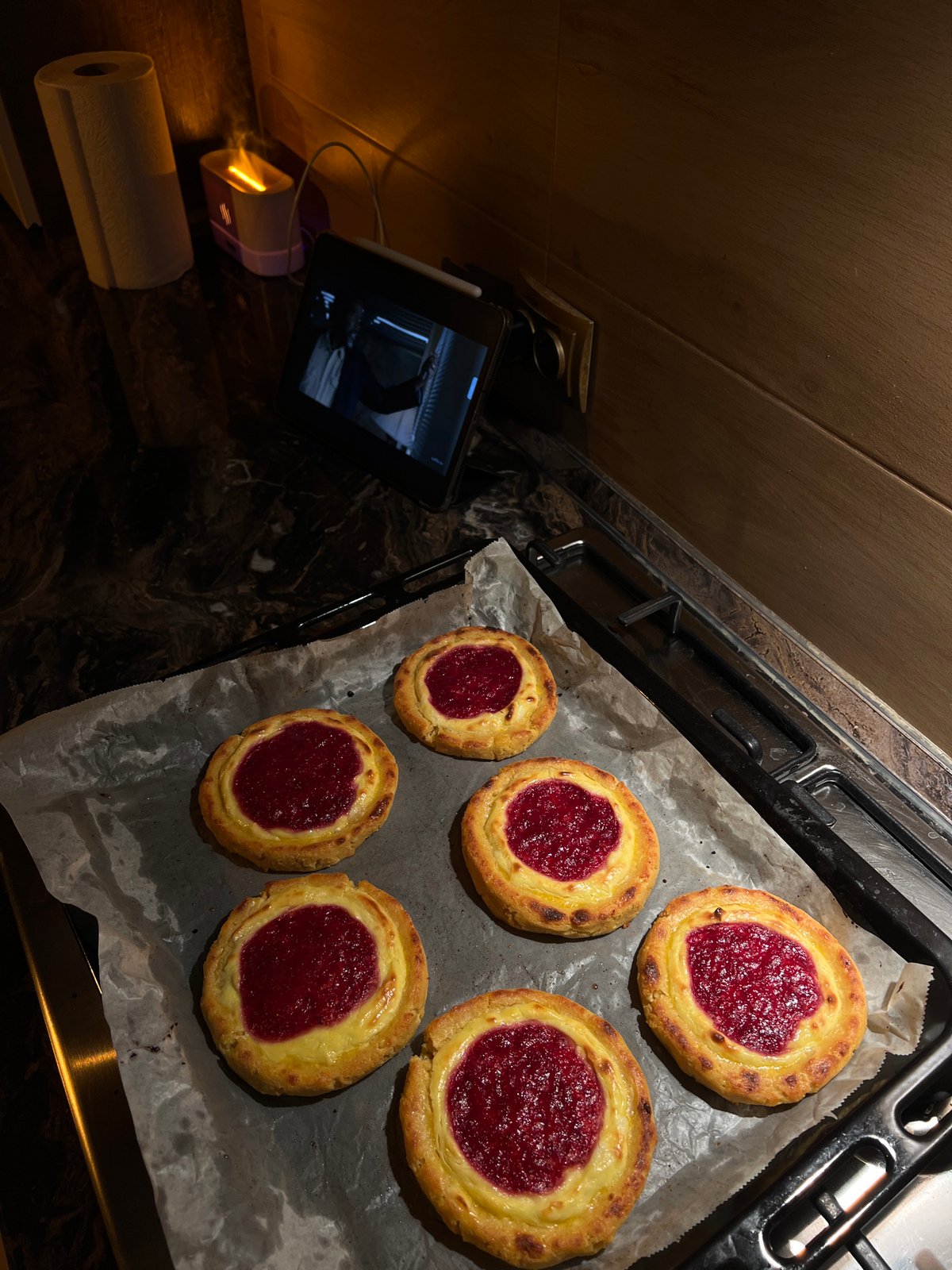 Homemade jam tarts baked in a Ternopil kitchen, cat included.