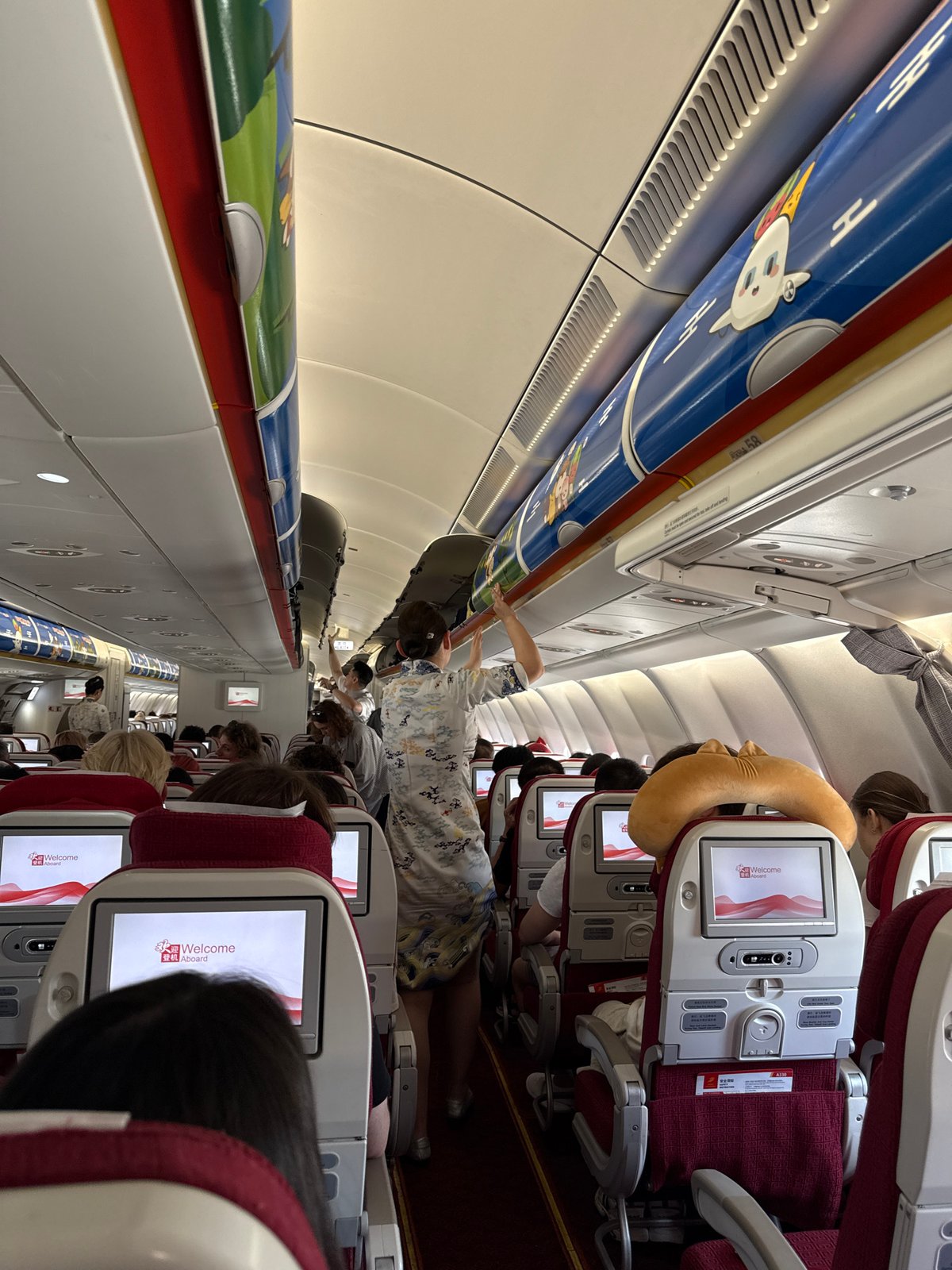 Cartoon-decorated cabin interior on a flight out of Xiaoshan
