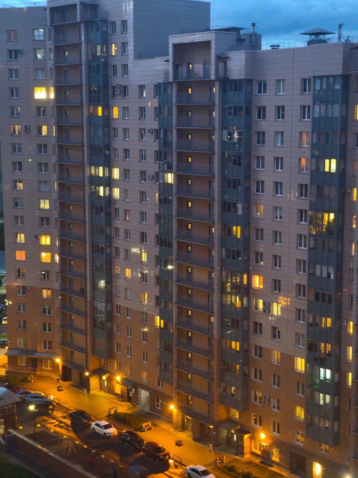 Saint Petersburg apartment complex observed at twilight