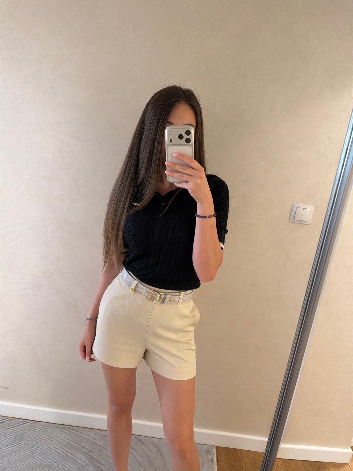 Mirror selfie session in Varna, same outfit, two takes.