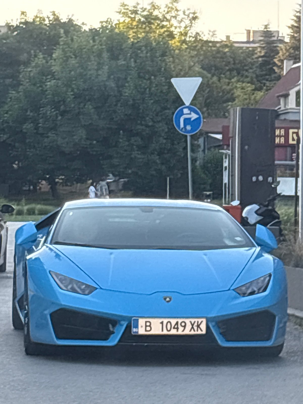 Blue Lamborghini parked outdoors, front end on display