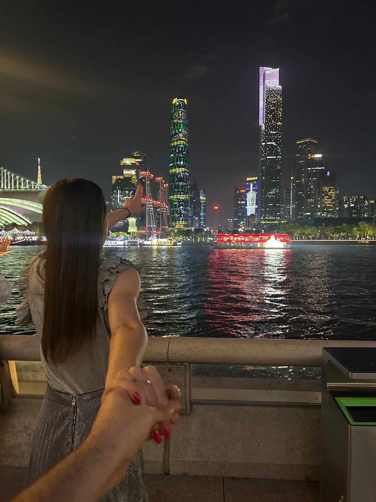 Guangzhou landmarks illuminated at night in Haizhu District