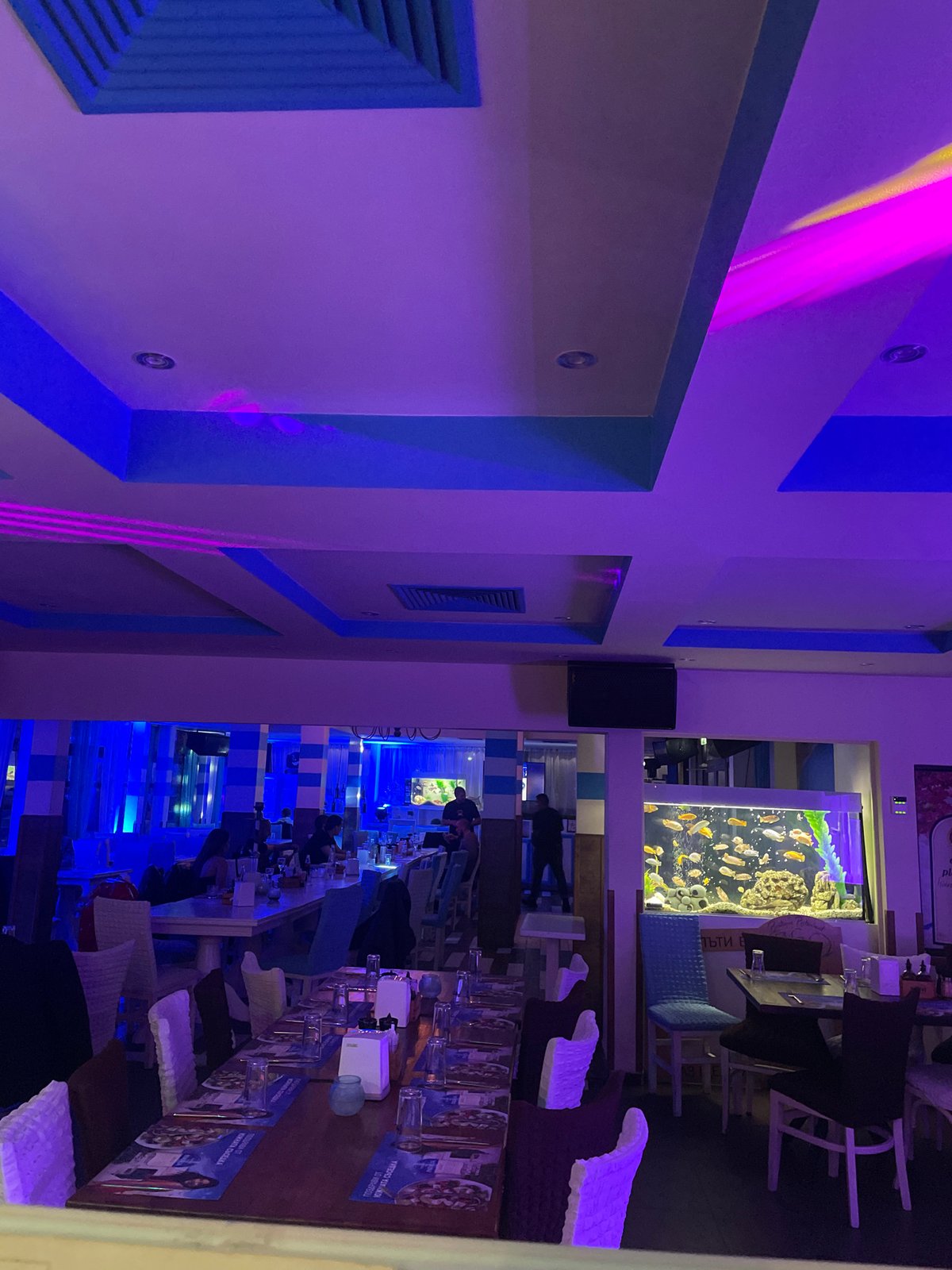 Restaurant interior with aquarium captured in Plovdiv, Bulgaria