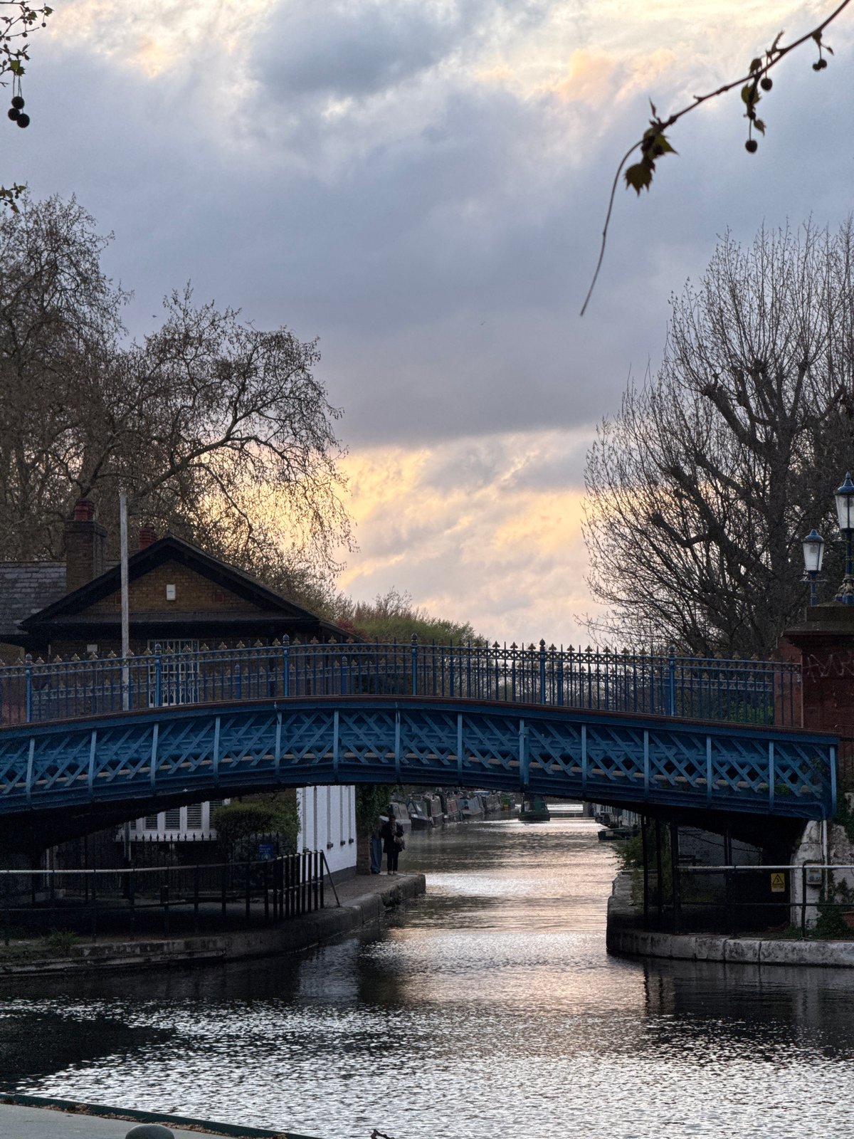 Evening canal walk documented in London's Little Venice district