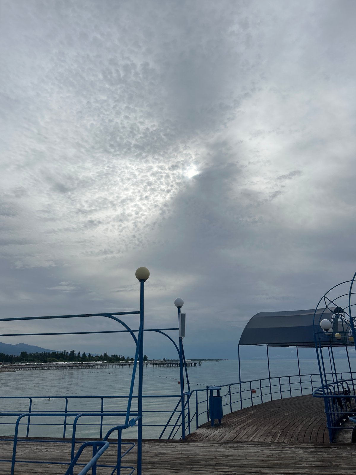 Issyk-Kul Lake under cloudy skies, mountains in the distance