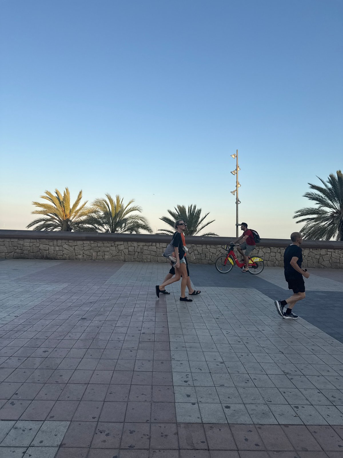 Barceloneta beachfront on a clear summer evening