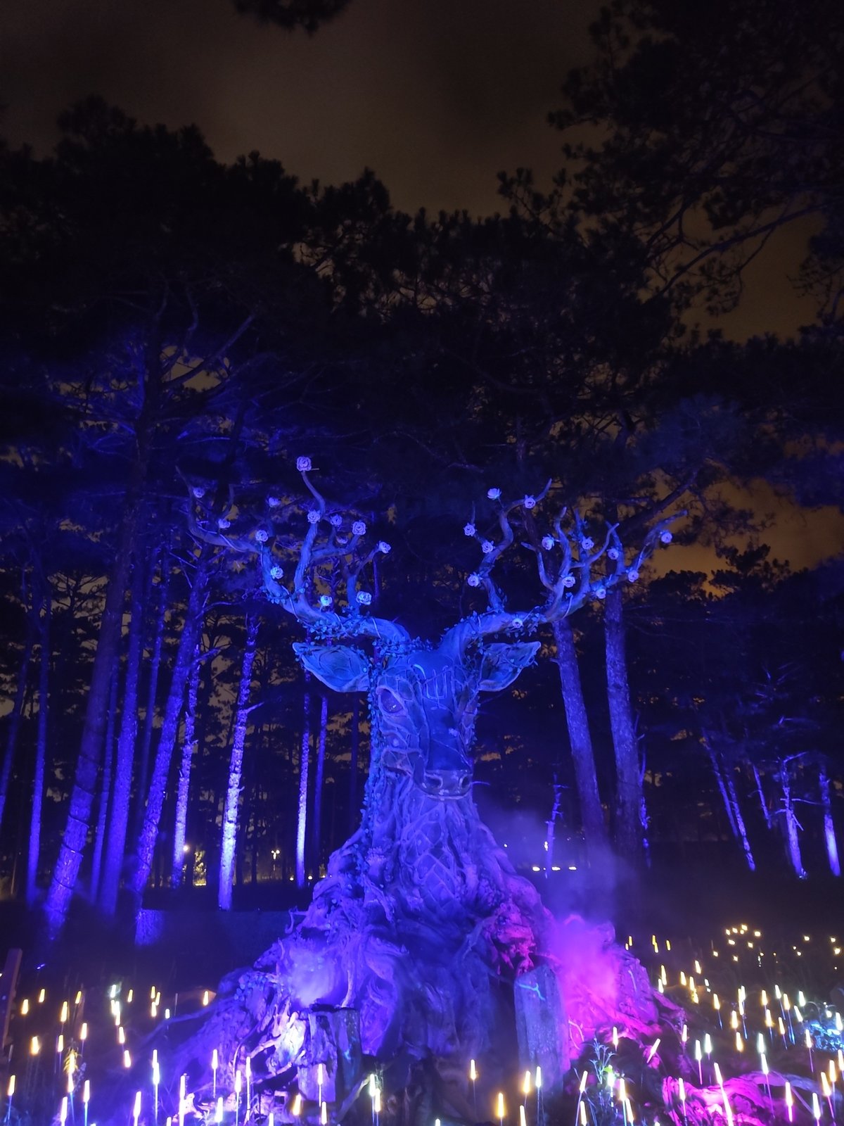 Illuminated forest sculptures glow in purple, blue, and white at night