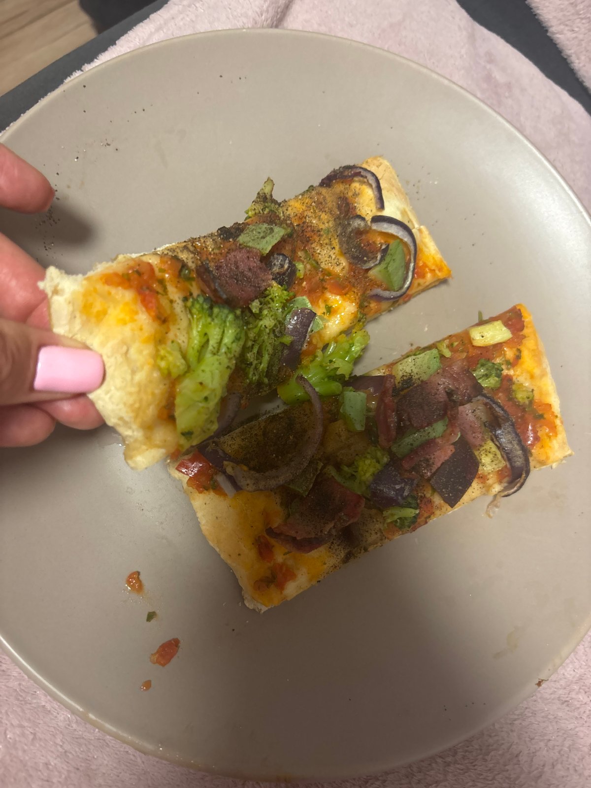 Indoor Pizza Dinner Documented with Decorative Home Setting