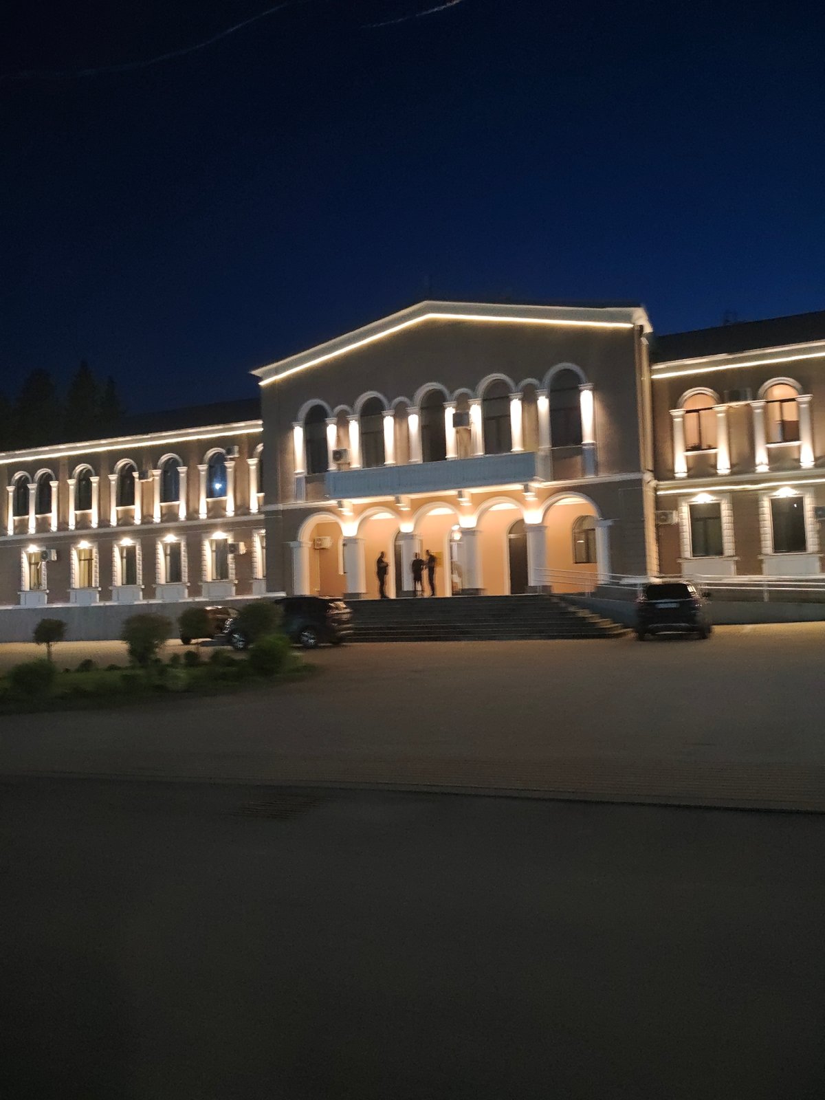 Terjola town center at night, church and civic building lit up