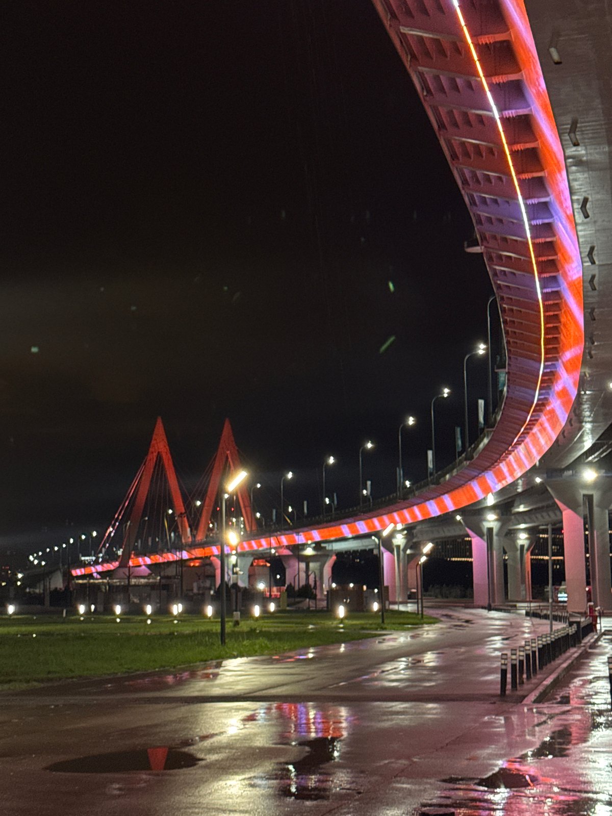 Millennium Bridge in Kazan displays colorful nighttime illumination