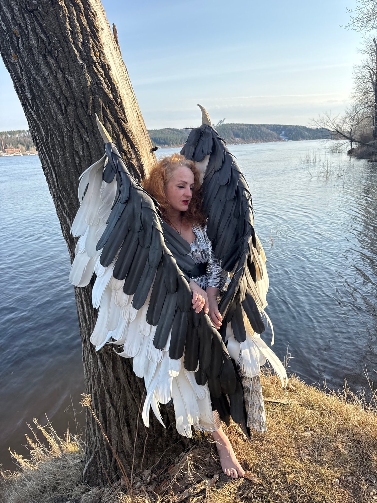 Winged woman spotted on tree trunk near water in Russia