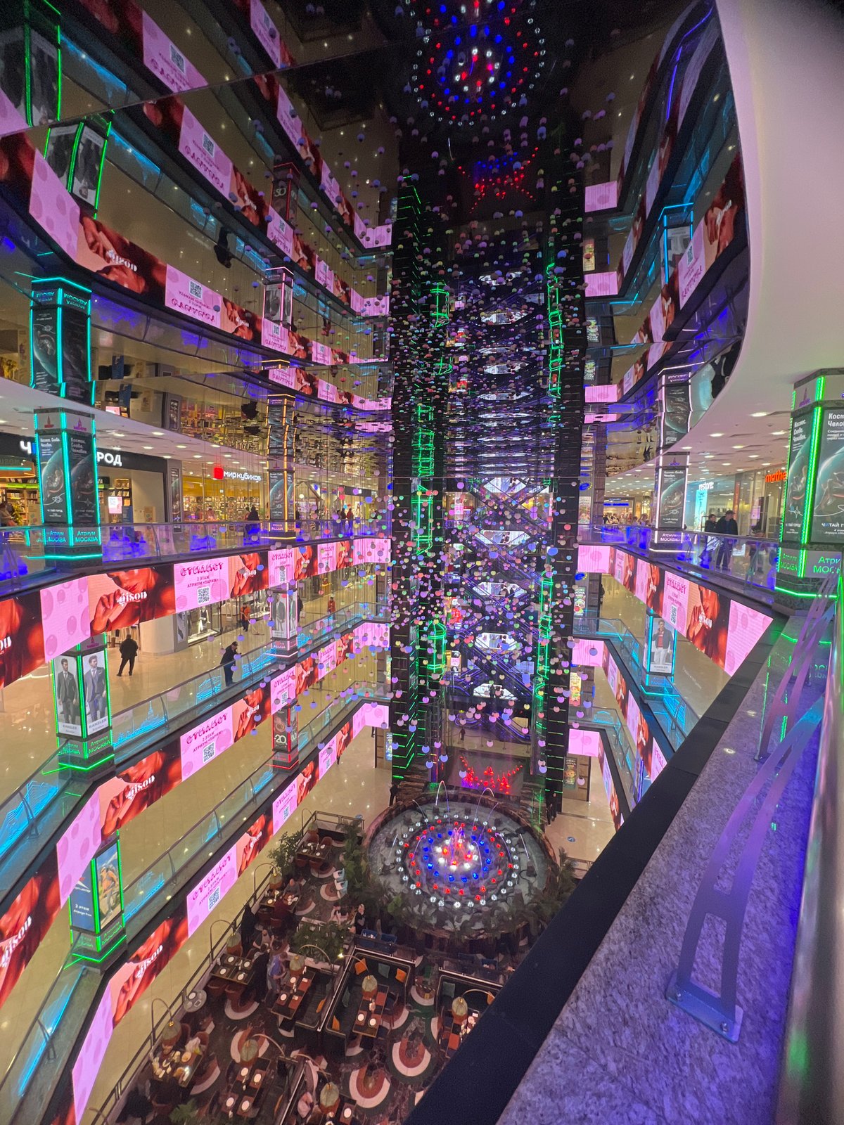 Moscow shopping mall with digital displays photographed from above