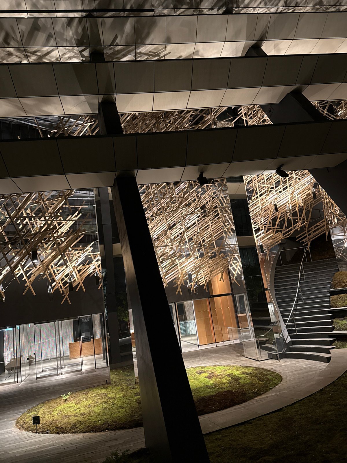 Nighttime architectural documentation captured in Vancouver building complex