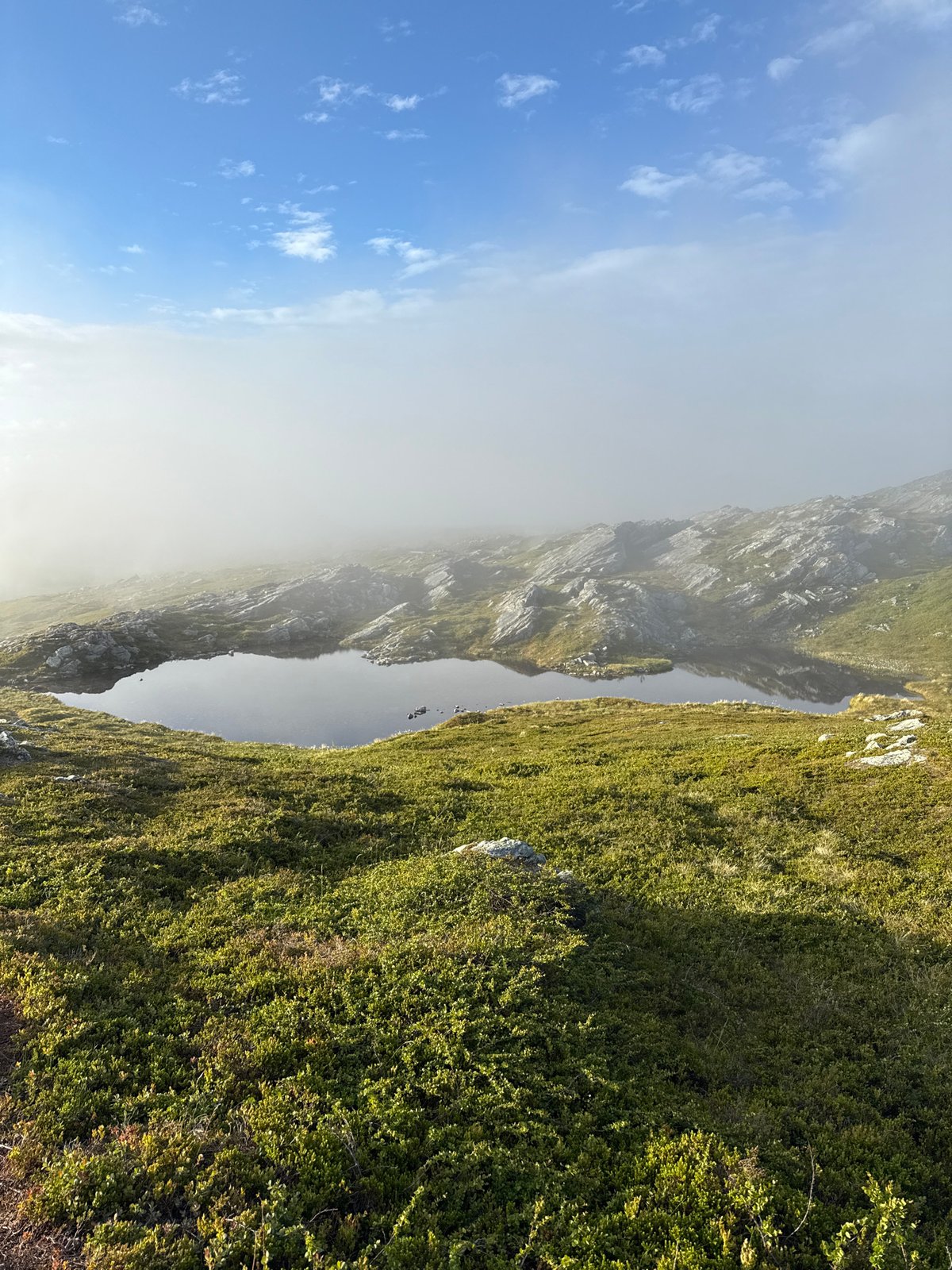 Still water and heathered ground in northern Norway's open landscape