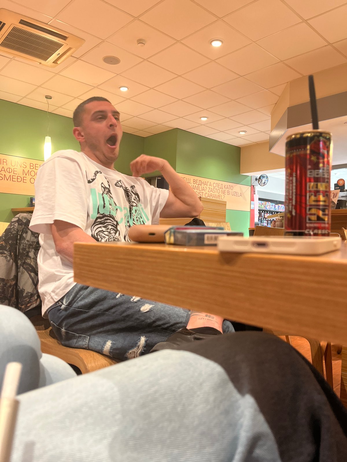 Friends gather for evening cafe session in Burgas