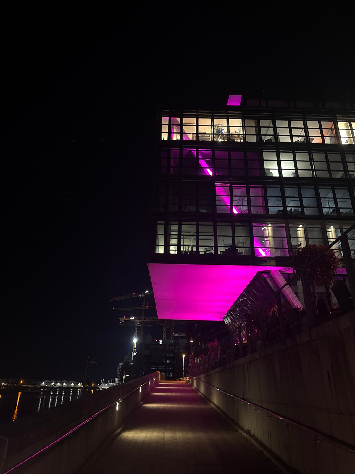 Modern building with grid windows observed in Bremen nighttime
