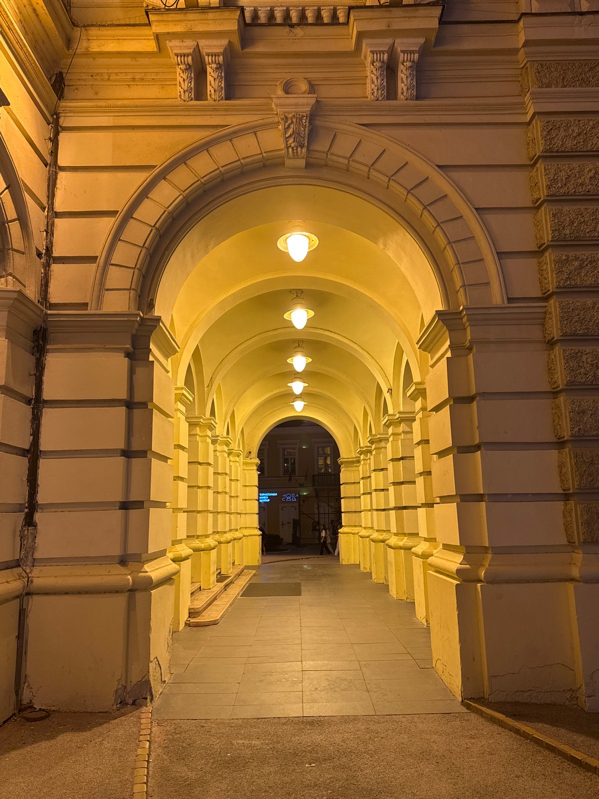 Historic Novi Sad architecture illuminated at night in Freedom Square